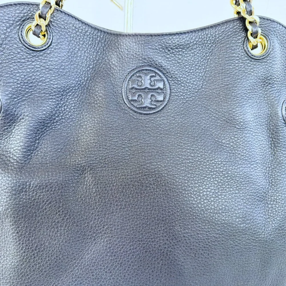 Tory Burch THEA Navy Blue Pebbled Leather‎ Gold Chain Shoulder Tote Bag